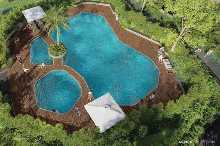 Swimming pool top view with deck
