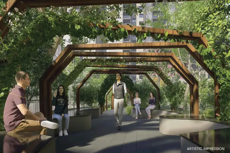 Landscaped walkway with seating area
