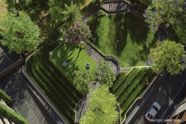 Central green garden aerial view
