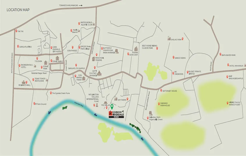 Kohinoor Riverdale Kharadi Pune location map with nearby IT parks schools malls and connectivity